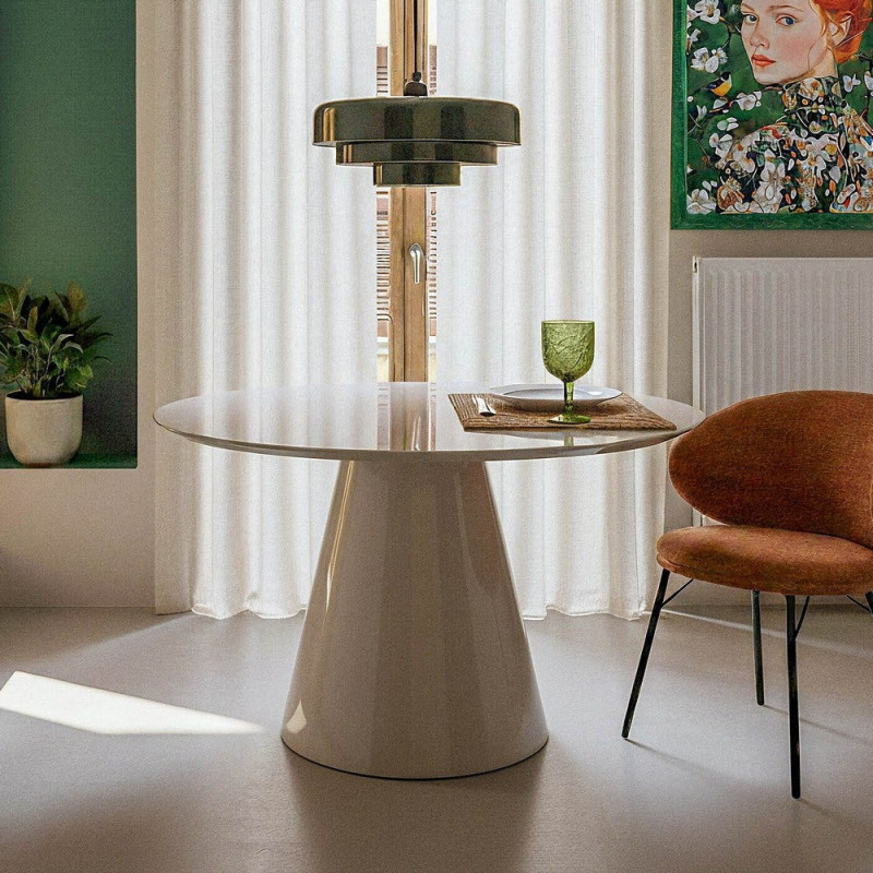 Table à manger moderne laquée Ronde 6 personnes en Bois MDF Taupe Brillant Sulira - 2