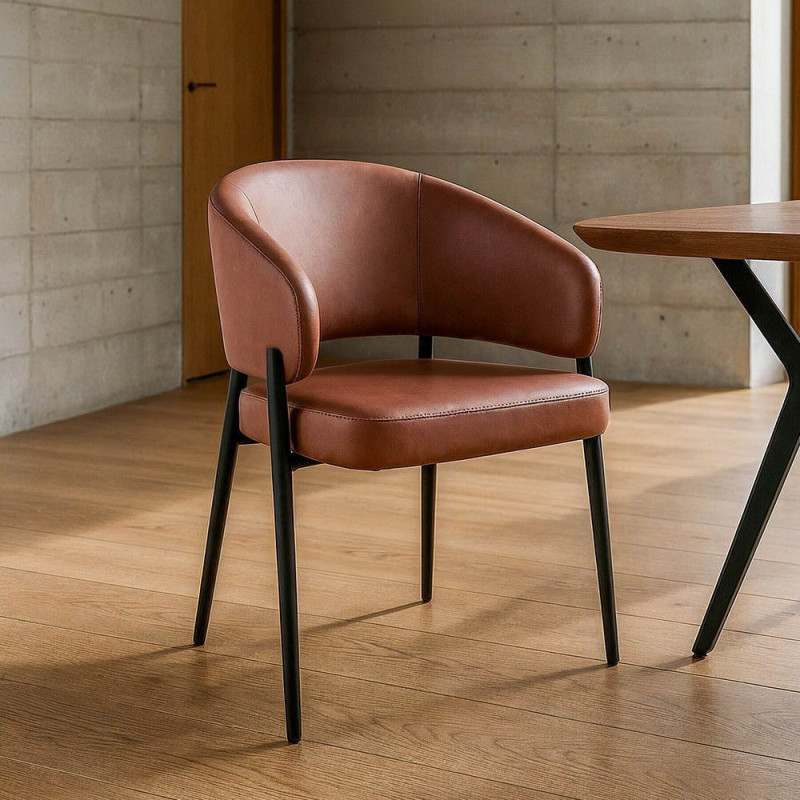 Fauteuil de table mid-century moderne en Polyuréthane Rouge bordeaux Métal Noir Bois MDF Teyora (Lot de 2) - 1