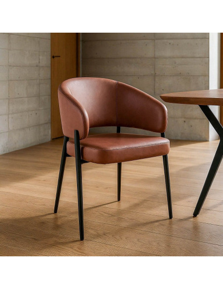 Fauteuil de table mid-century moderne en Polyuréthane Rouge bordeaux Métal Noir Bois MDF Teyora (Lot de 2) - 1