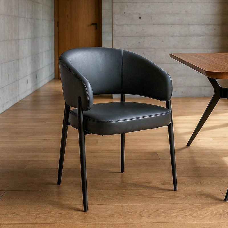 Fauteuil de table mid-century moderne en Polyuréthane Noir Métal Noir Bois MDF Teyora (Lot de 2) - 1