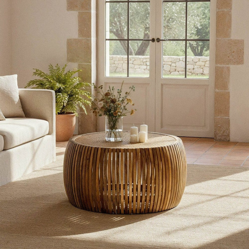 Table basse bohème chic Ronde en Bois de manguier Rotin Naturel Cannage Jilaya - 2