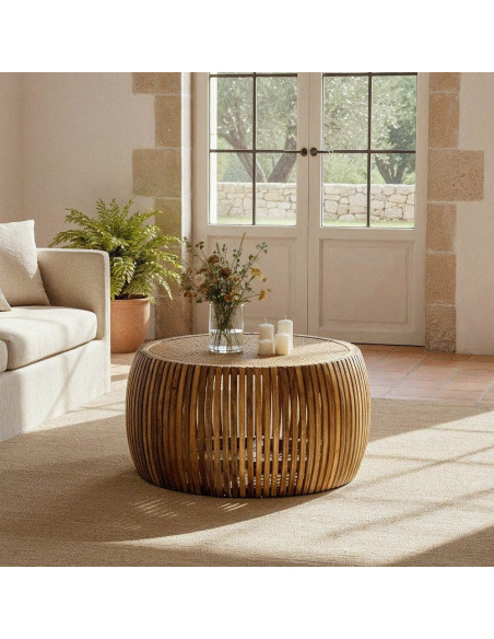 Table basse bohème chic Ronde en Bois de manguier Rotin Naturel Cannage Jilaya - 2