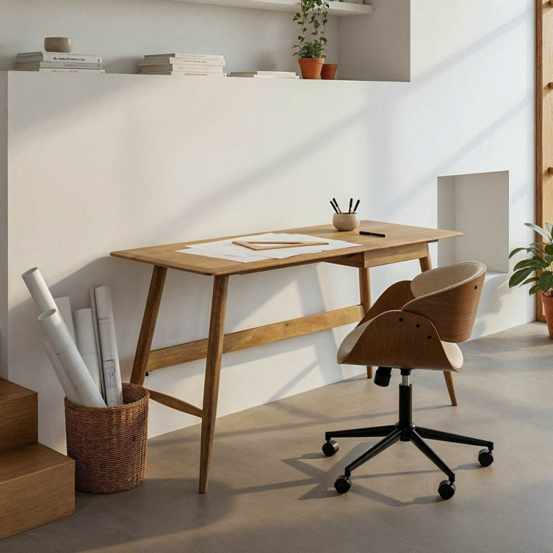 Bureau scandinave moderne 1 tiroir en Bois de manguier Naturel Noraya - 1