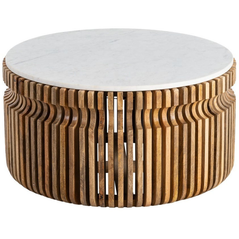 Table basse moderne Ronde en Marbre Blanc Bois de manguier Naturel Nivara - 1