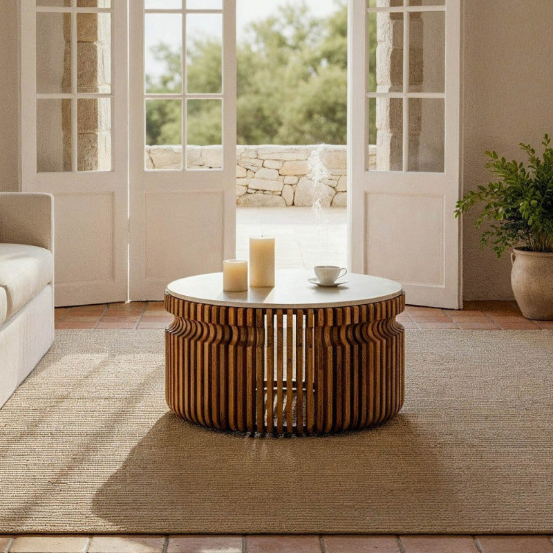 Table basse moderne Ronde en Marbre Blanc Bois de manguier Naturel Nivara - 2