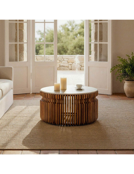 Table basse moderne Ronde en Marbre Blanc Bois de manguier Naturel Nivara - 2