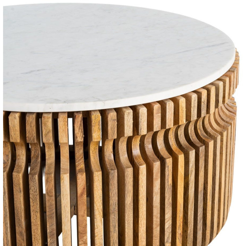 Table basse moderne Ronde en Marbre Blanc Bois de manguier Naturel Nivara - 3
