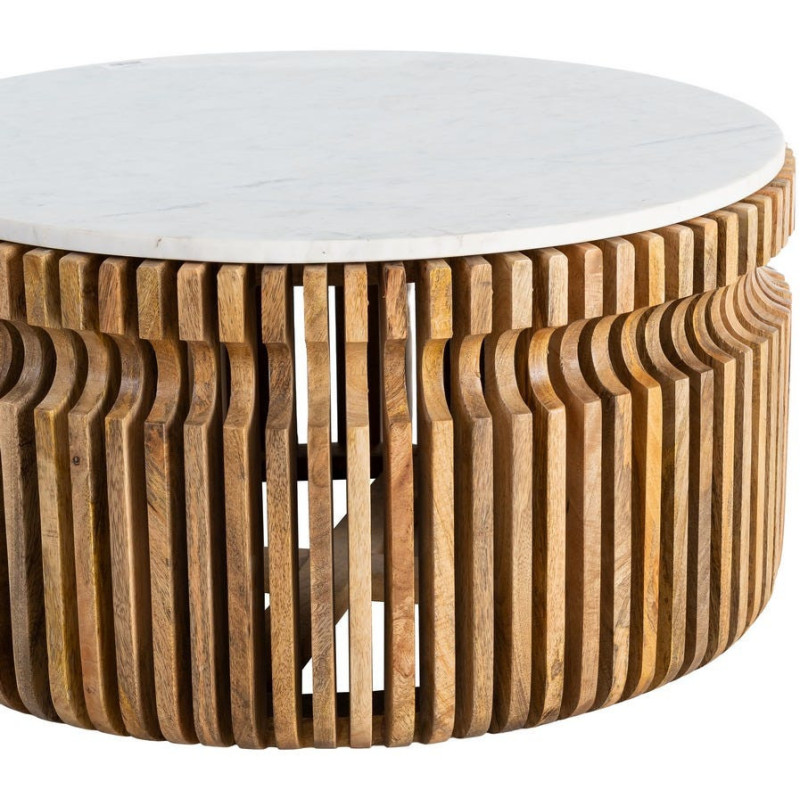 Table basse moderne Ronde en Marbre Blanc Bois de manguier Naturel Nivara - 4