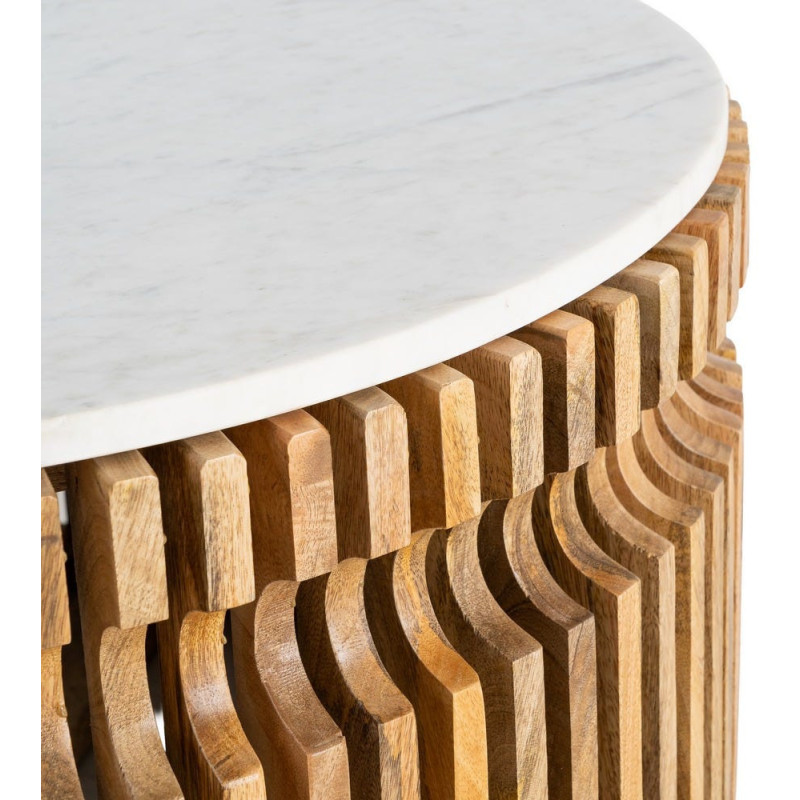 Table basse moderne Ronde en Marbre Blanc Bois de manguier Naturel Nivara - 5