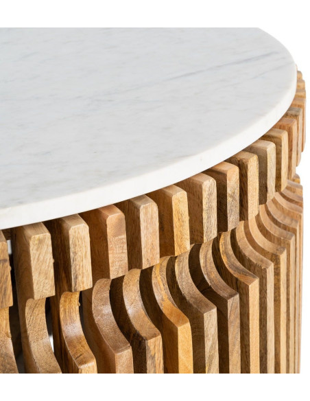 Table basse moderne Ronde en Marbre Blanc Bois de manguier Naturel Nivara - 5
