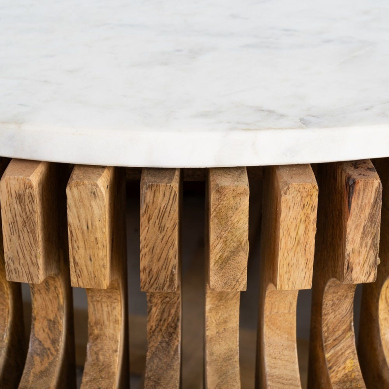 Table basse moderne Ronde en Marbre Blanc Bois de manguier Naturel Nivara - 6