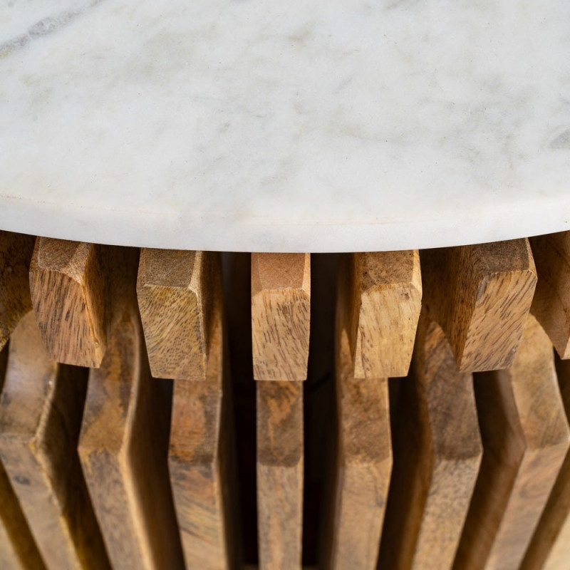 Table basse moderne Ronde en Marbre Blanc Bois de manguier Naturel Nivara - 9