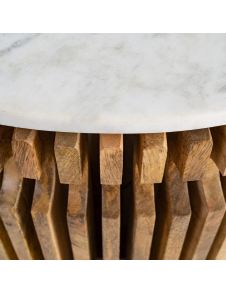 Table basse moderne Ronde en Marbre Blanc Bois de manguier Naturel Nivara - 9