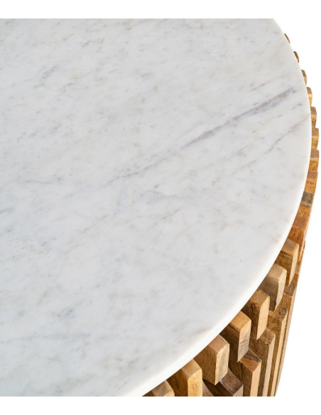 Table basse moderne Ronde en Marbre Blanc Bois de manguier Naturel Nivara - 10