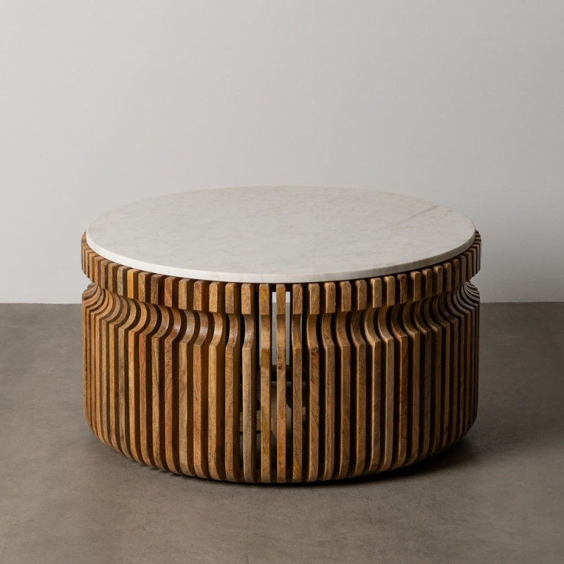 Table basse moderne Ronde en Marbre Blanc Bois de manguier Naturel Nivara - 12