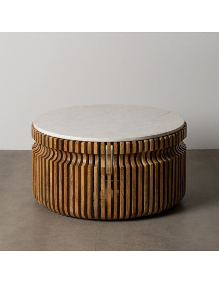 Table basse moderne Ronde en Marbre Blanc Bois de manguier Naturel Nivara - 12