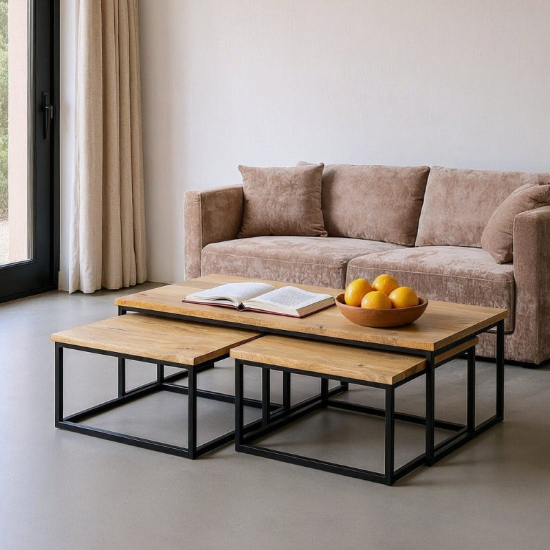 Grande Table basse Gigogne industrielle chic Rectangulaire en Bois de manguier Naturel Métal Noir Eyora - 1