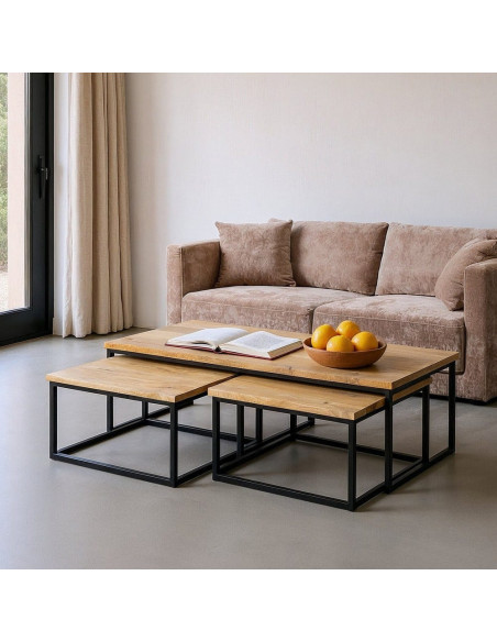 Grande Table basse Gigogne industrielle chic Rectangulaire en Bois de manguier Naturel Métal Noir Eyora - 1