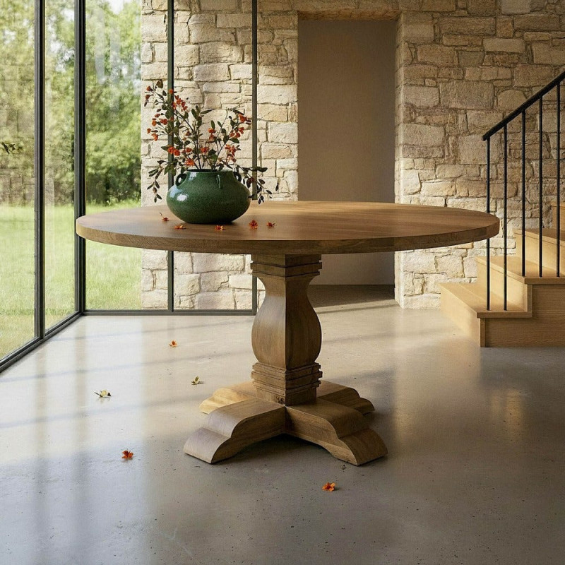 Grande Table à manger vintage chic Ronde 8 personnes en Bois de manguier Naturel Palora - 1