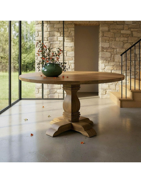 Grande Table à manger vintage chic Ronde 8 personnes en Bois de manguier Naturel Palora - 1