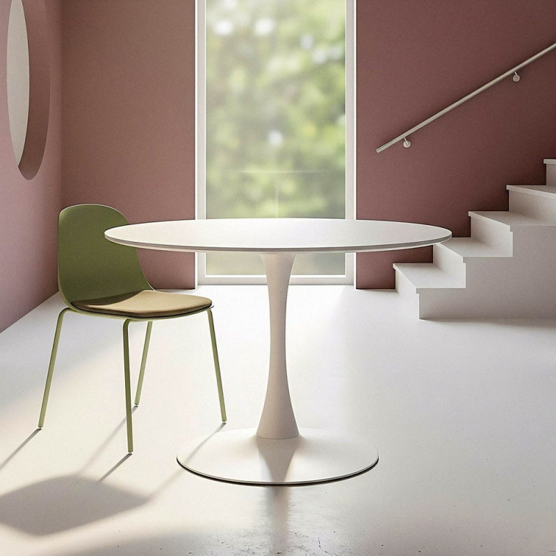Table à manger moderne chic Ronde 4 personnes en Bois MDF Blanc Mélaminé Métal Blanc Oshira - 1