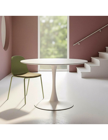 Table à manger moderne chic Ronde 4 personnes en Bois MDF Blanc Mélaminé Métal Blanc Oshira - 1