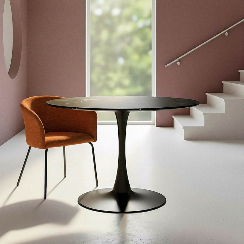 Table à manger moderne chic Ronde 4 personnes en Bois MDF Noir Mélaminé Motif marbré Métal Noir Oshira - 1