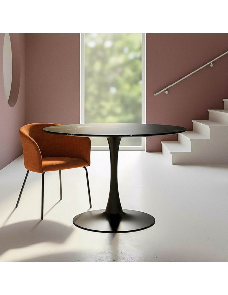Table à manger moderne chic Ronde 4 personnes en Bois MDF Noir Mélaminé Motif marbré Métal Noir Oshira - 1