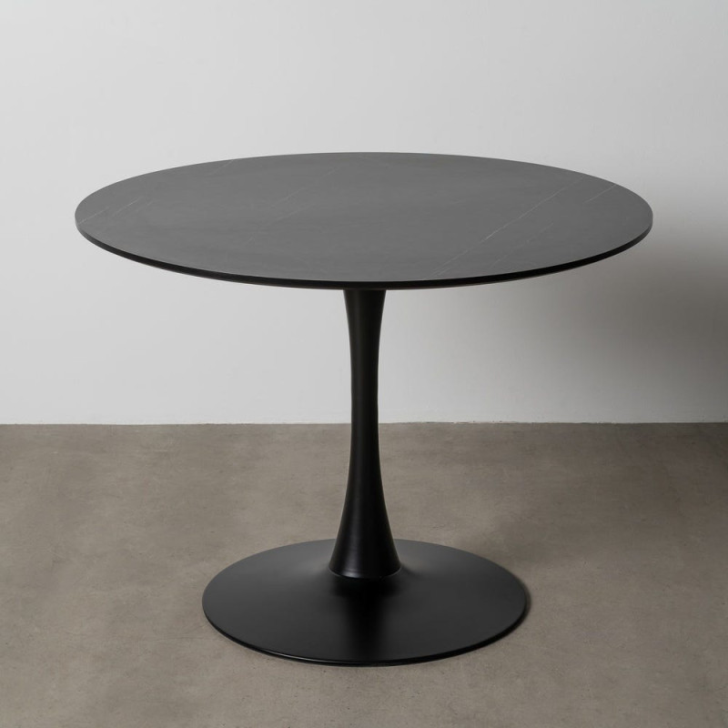 Table à manger moderne chic Ronde 4 personnes en Bois MDF Noir Mélaminé Motif marbré Métal Noir Oshira - 9