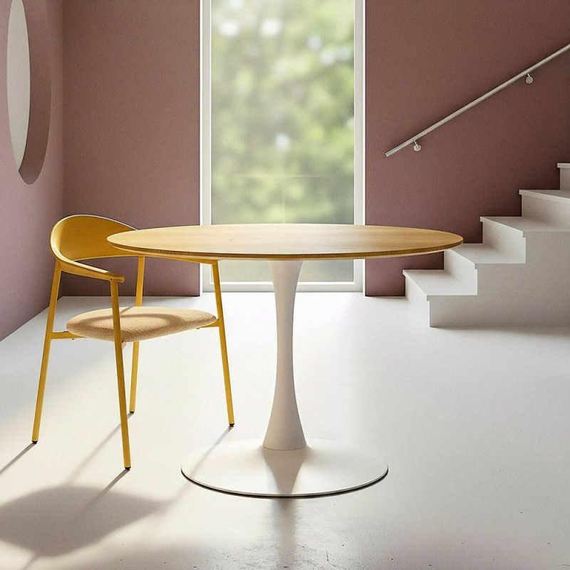 Table à manger moderne chic Ronde 4 personnes en Bois MDF Naturel Mélaminé Motif bois Métal Blanc Oshira - 2