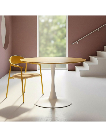 Table à manger moderne chic Ronde 4 personnes en Bois MDF Naturel Mélaminé Motif bois Métal Blanc Oshira - 2