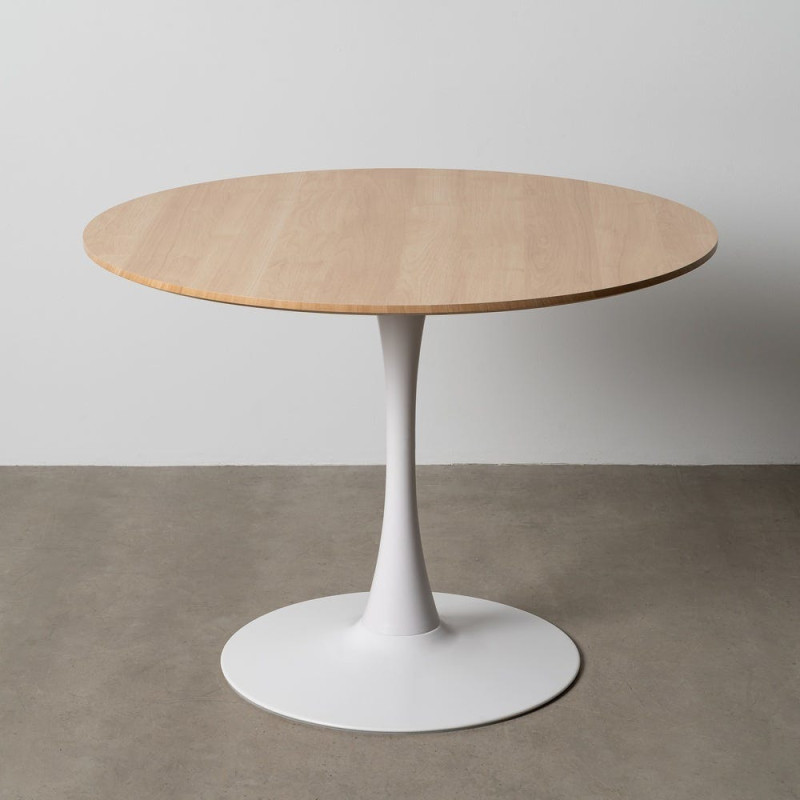 Table à manger moderne chic Ronde 4 personnes en Bois MDF Naturel Mélaminé Motif bois Métal Blanc Oshira - 11