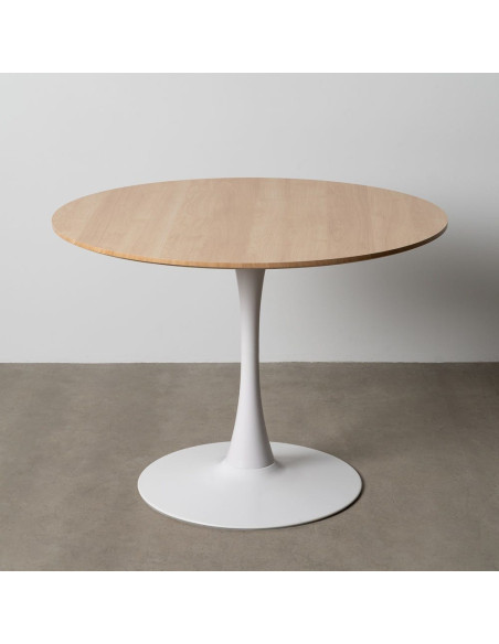 Table à manger moderne chic Ronde 4 personnes en Bois MDF Naturel Mélaminé Motif bois Métal Blanc Oshira - 11