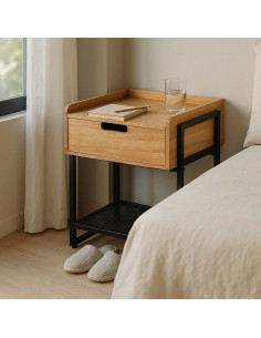 Table de chevet industrielle chic 1 tiroir 1 étagère en Bois MDF Naturel Métal Noir Onara - 1