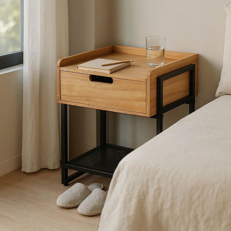 Table de chevet industrielle chic 1 tiroir 1 étagère en Bois MDF Naturel Métal Noir Onara - 1