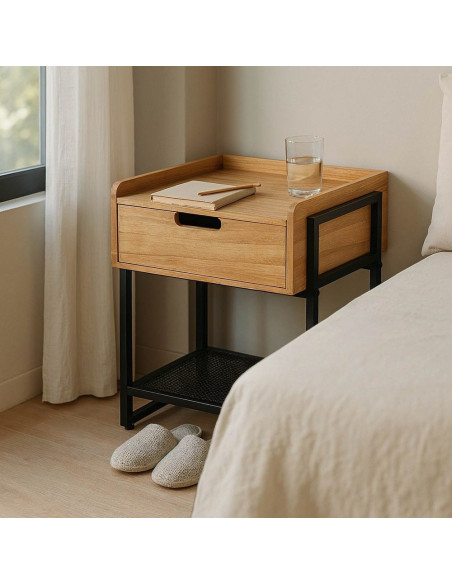 Table de chevet industrielle chic 1 tiroir 1 étagère en Bois MDF Naturel Métal Noir Onara - 1