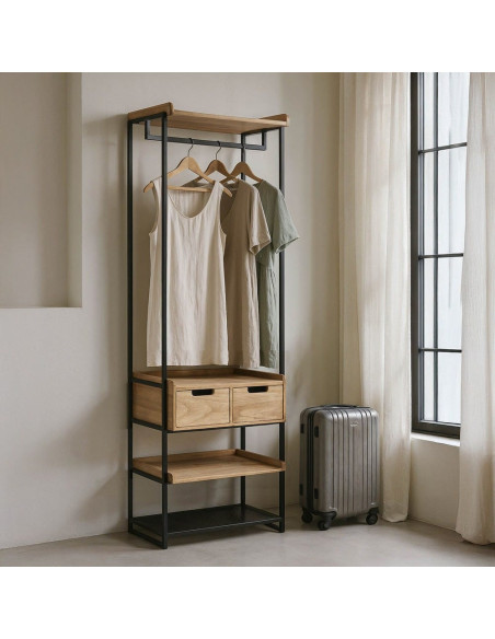 Meuble Vestiaire industriel chic 2 tiroirs 4 étagères 60 cm en Bois MDF Naturel Métal Noir Onara - 1