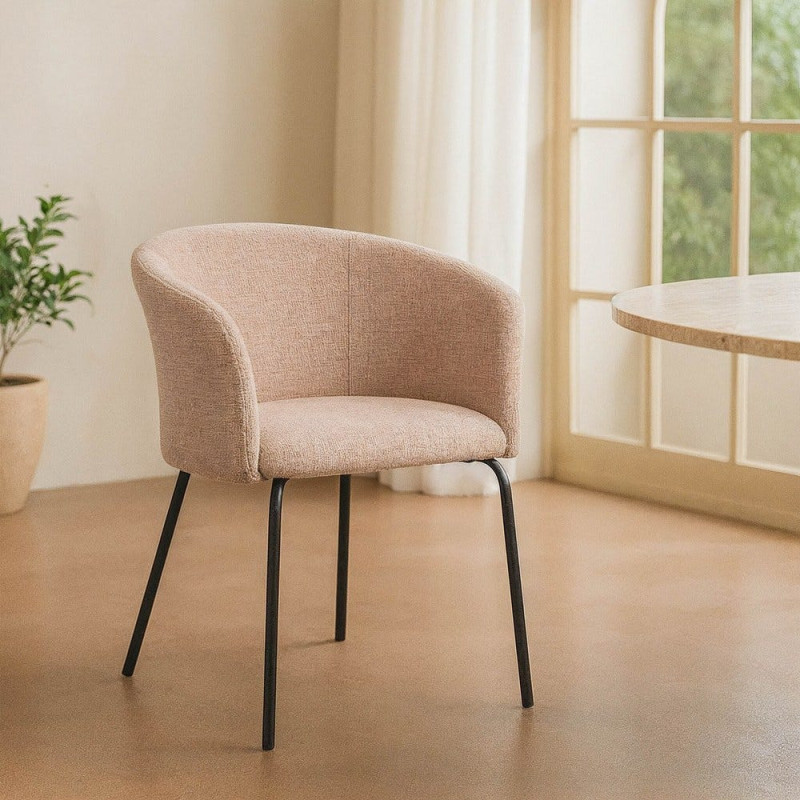 Fauteuil de table moderne rond en Tissu Rose pêche Métal Noir Meyora (Lot de 2) - 2