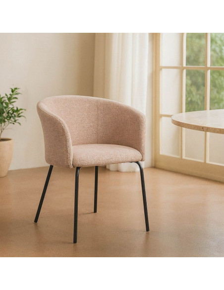 Fauteuil de table moderne rond en Tissu Rose pêche Métal Noir Meyora (Lot de 2) - 2