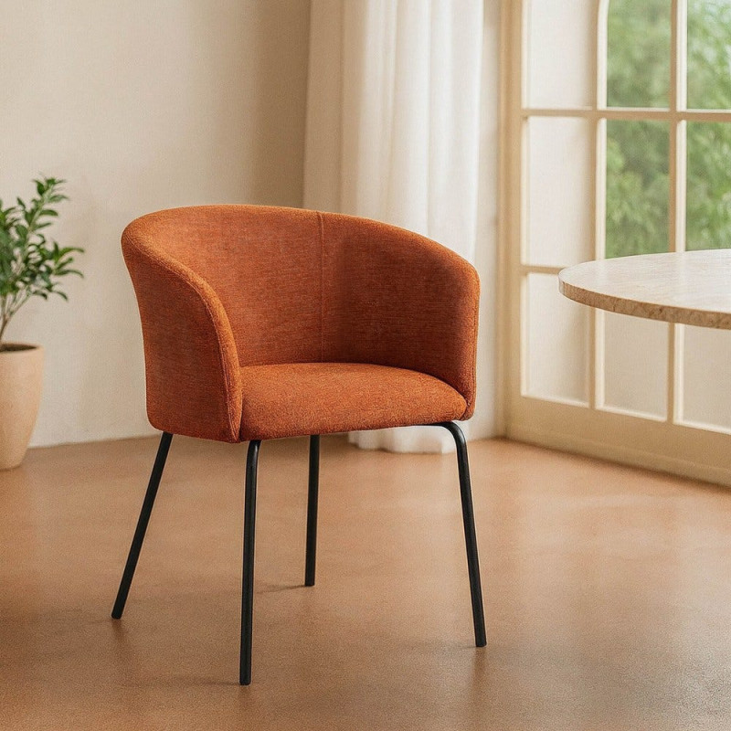 Fauteuil de table moderne rond en Tissu Orange citrouille Métal Noir Meyora (Lot de 2) - 2