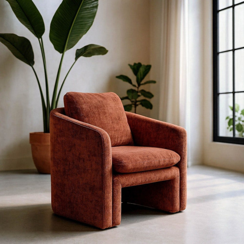 Fauteuil moderne chic en Tissu Rouge brique Bois MDF Doralya - 1