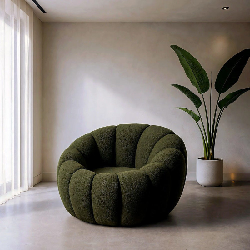 Fauteuil rond bouclette vert olive 92x89x61 cm Oyora Ixia - 2