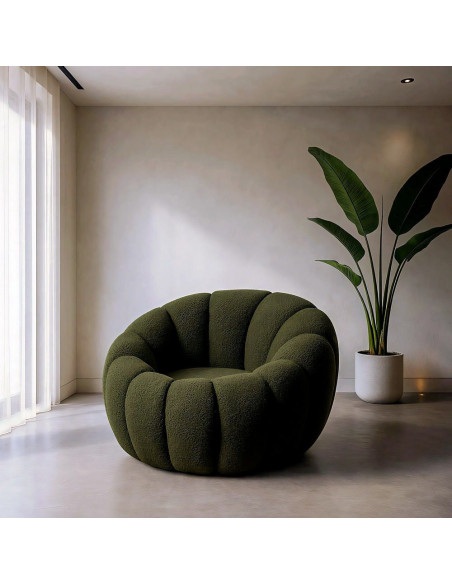Fauteuil rond bouclette vert olive 92x89x61 cm Oyora Ixia - 2