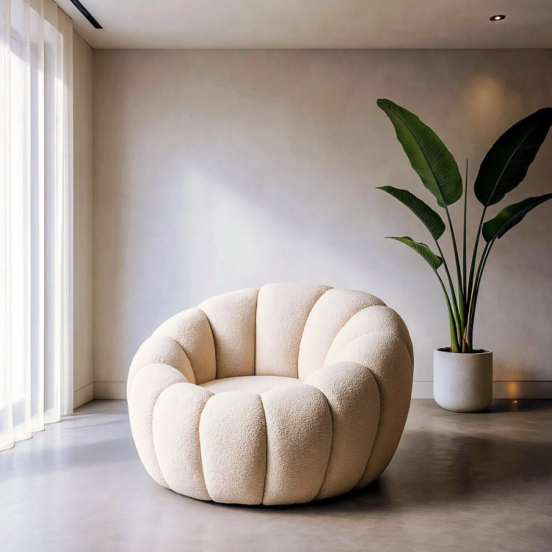 Fauteuil rond bouclette beige 92x89x61 cm Oyora Ixia - 2
