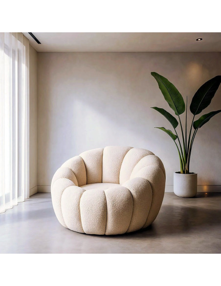 Fauteuil rond bouclette beige 92x89x61 cm Oyora Ixia - 2