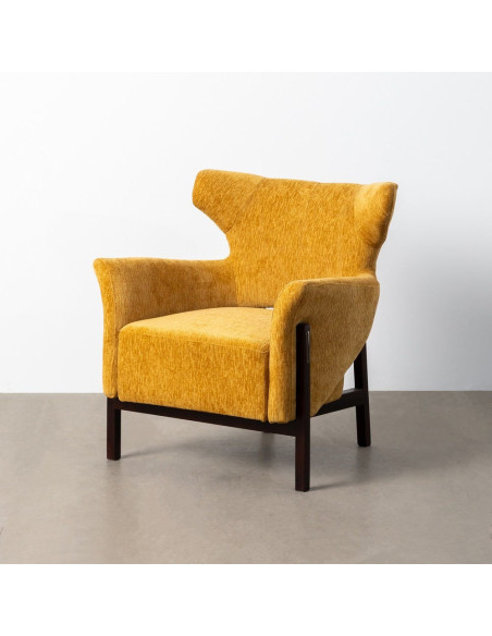 Fauteuil de salon moderne en Tissu Jaune moutarde Bois d'hévéa Marron foncé Goraya - 1