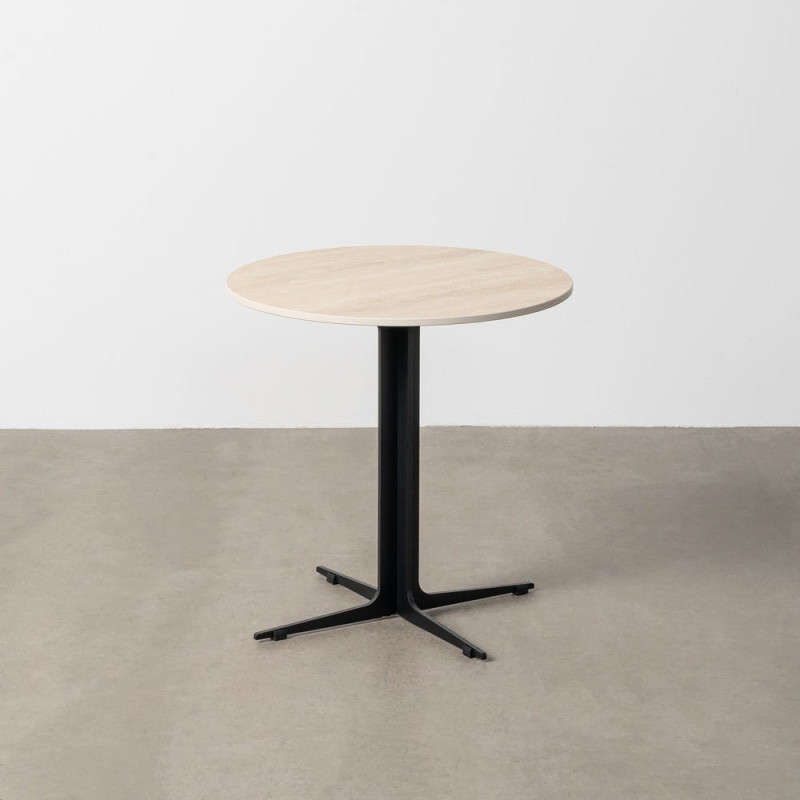 Table d'appoint moderne chic Ronde en Pierre frittée Beige Effet travertin Métal Noir Ahlira - 1
