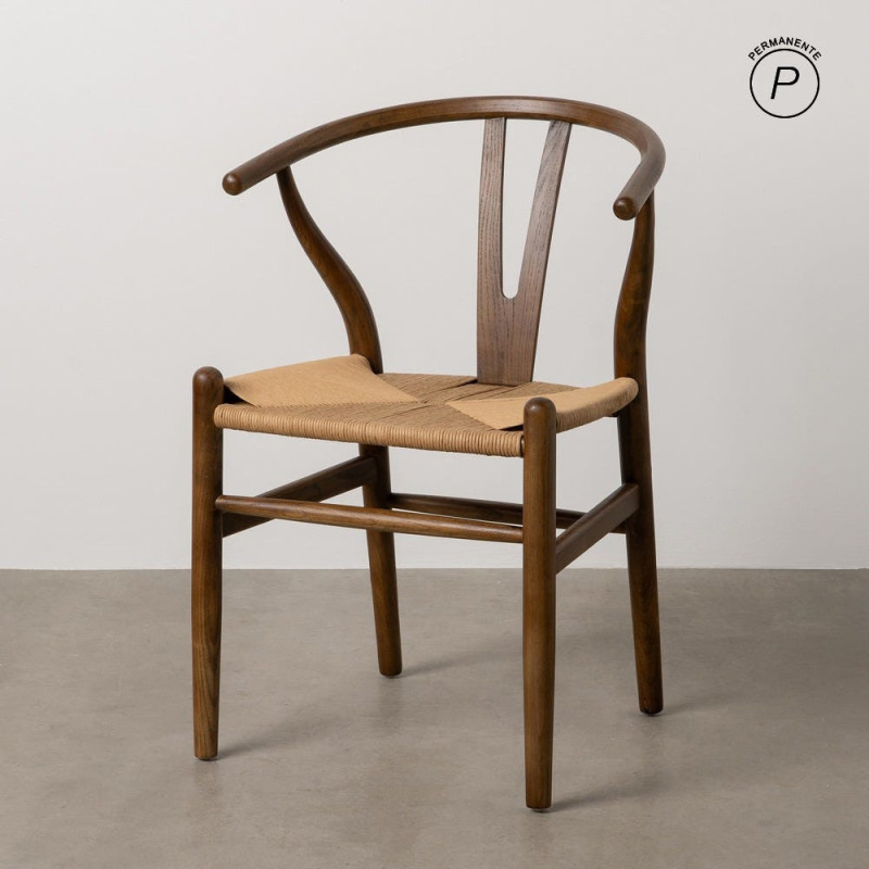 Fauteuil de table style vintage scandinave Bois d'orme Marron Rotin Beige Tressé Gavina - 12