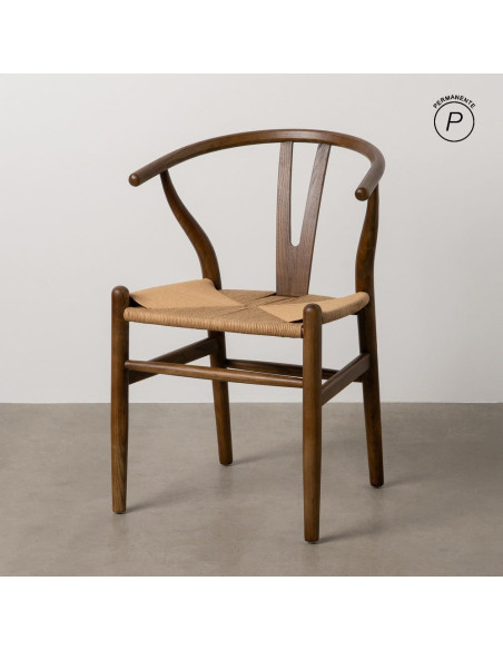 Fauteuil de table style vintage scandinave Bois d'orme Marron Rotin Beige Tressé Gavina - 12