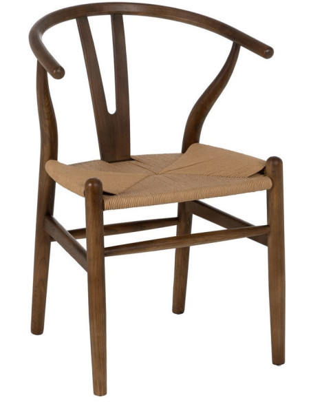 Fauteuil de table style vintage scandinave Bois d'orme Marron Rotin Beige Tressé Gavina - 1